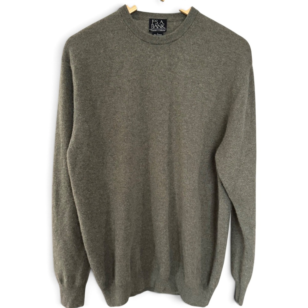 Jos. A. Bank Mens Sweater Large Olive Green 100% Cashmere Crewneck Relaxed Fit